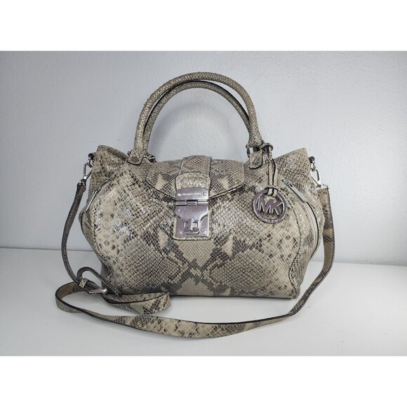 Michael Kors Jenna Tan Python Snakeskin Embossed Large Tote Shoulder Bag Purse - Picture 4 of 16